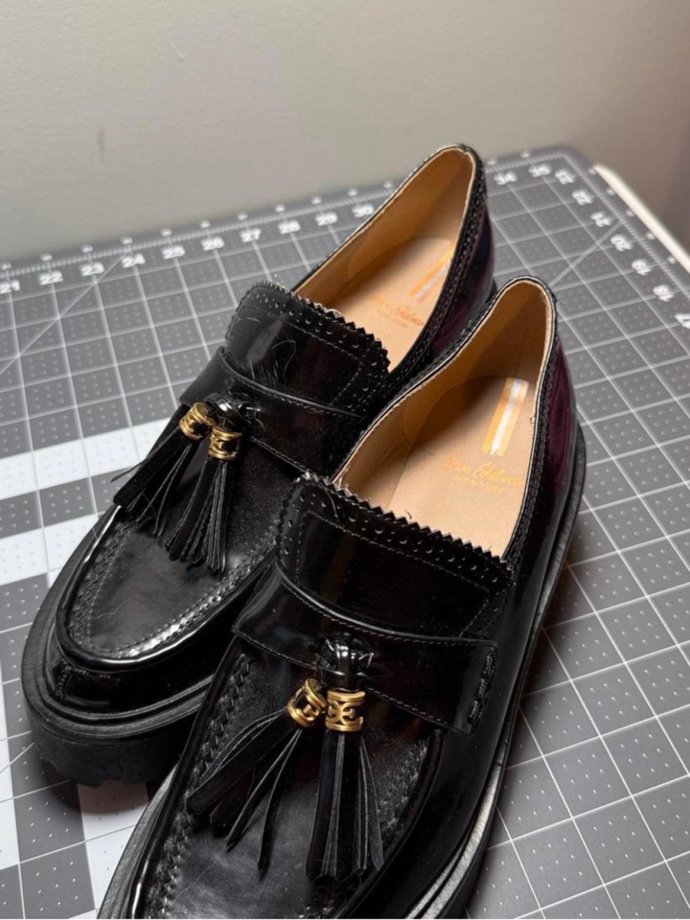 Sam Edelman Black Patent Tassel Loafers with Gold Accent